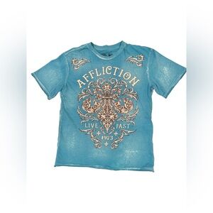 Affliction Teal Blue and Cream Kids Short Sleeve Crew Graphic Tee T-shirt M